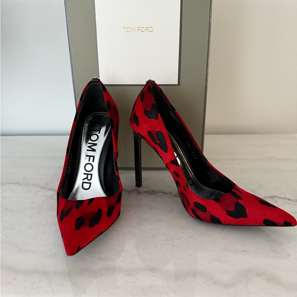 Tom Ford Red and Black Leopard Print Heels - Picture 2 of 4